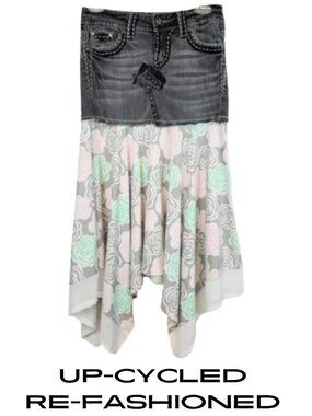 MISS ME Refashioned Upcycled Below Knee Floral Jean Skirt - Women's 26 Waist